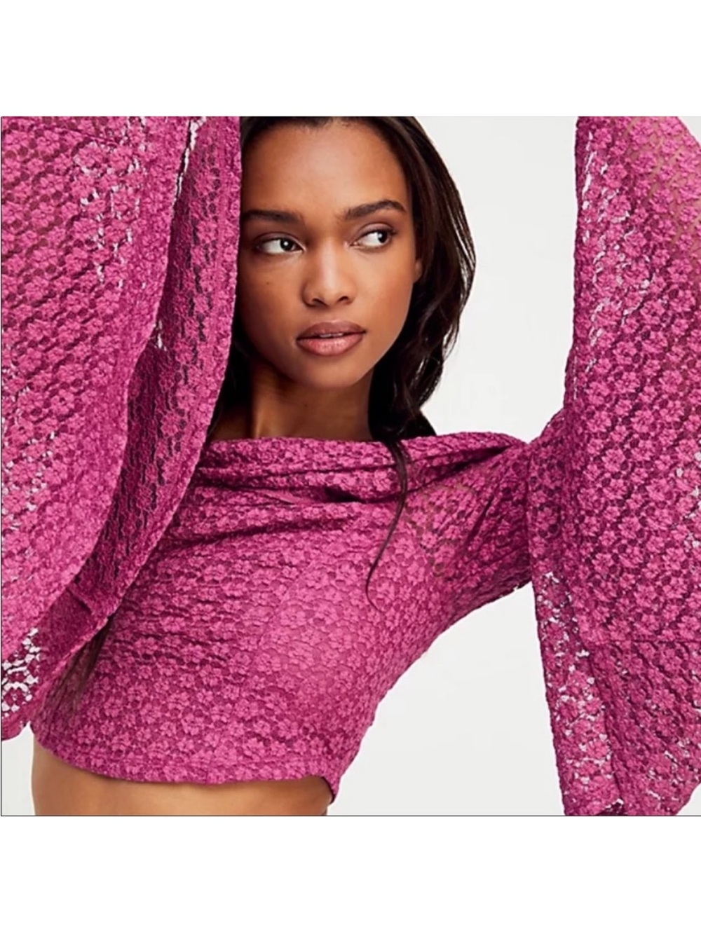 FREE PEOPLE LOLA OFF-SHOULDER LACE CROPPED BELL SLEEVE TOP BURGUNDY SZ L - Picture 2 of 13